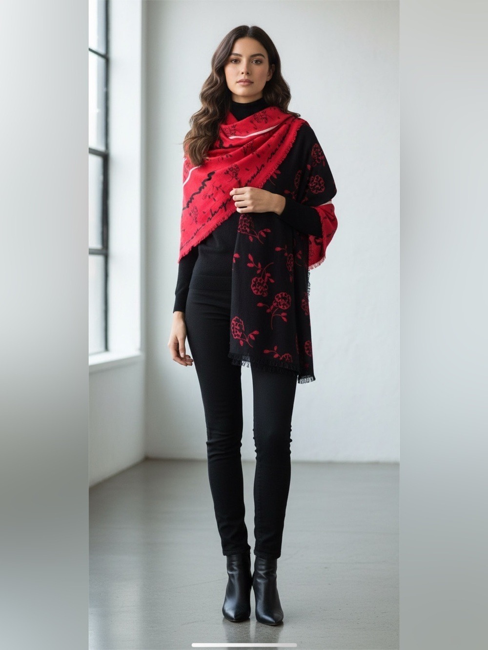 Armani Exchange Black Red Floral Script Scarf